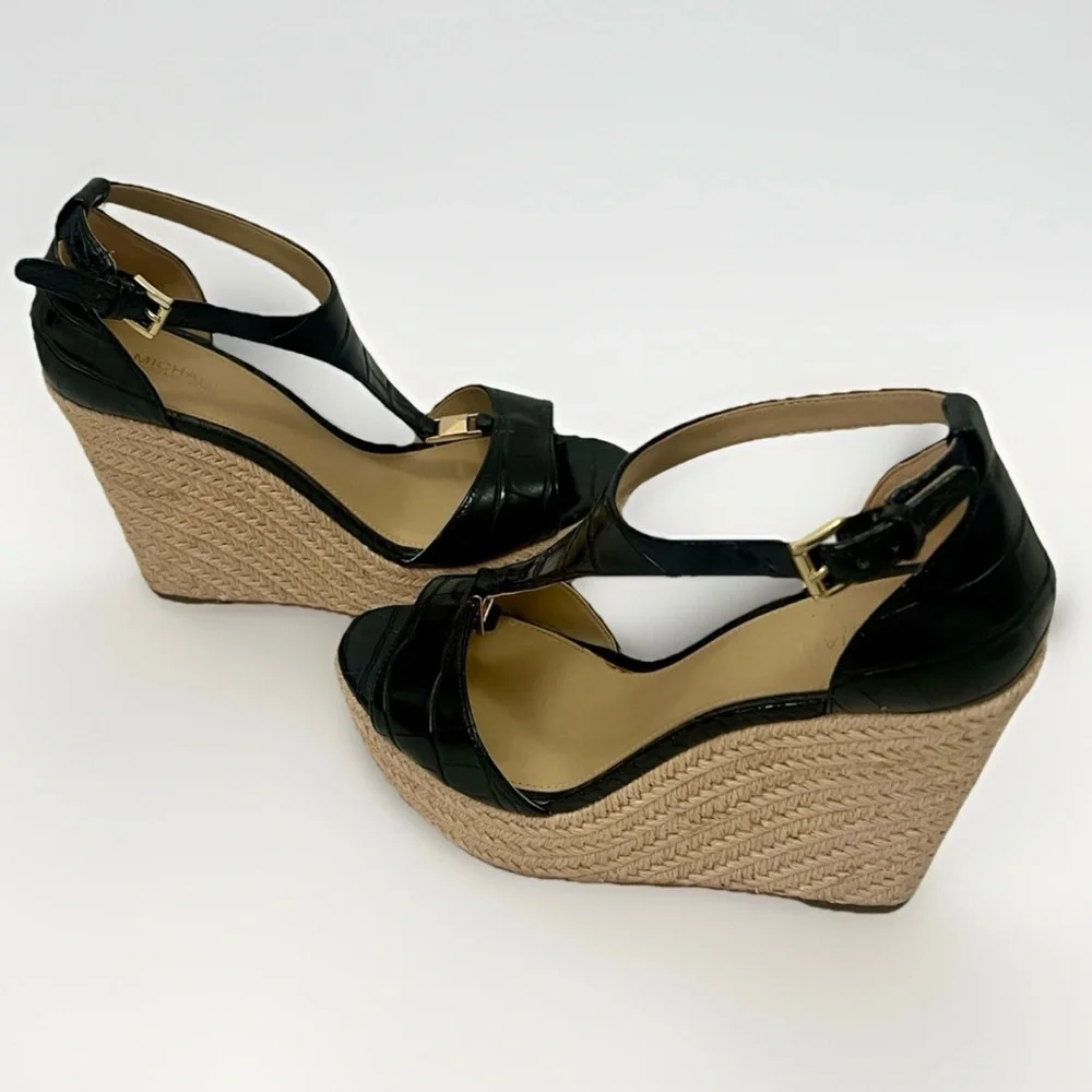 Michael Kors Fanning Espadrille Wedge Shoes Women’s Sz 8 Black Faux Leather Jute